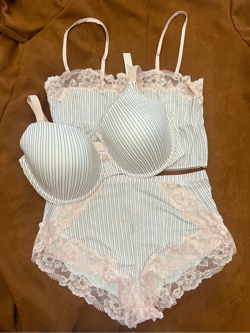 Victoria's Secret Pink & White Striped Lace Bra with Bralette and Shorts Set